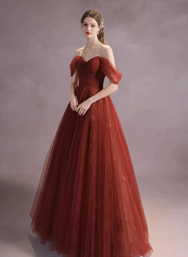 A-line Wine Red Tulle Sweetheart Long Formal Dress